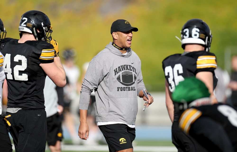 Iowa Hawkeyes special teams coordinator LeVar Woods runs a drill during Holiday Bowl Practice No. 3 Tuesday, December 24, 2019 at San Diego Mesa College. (Brian Ray/hawkeyesports.com)