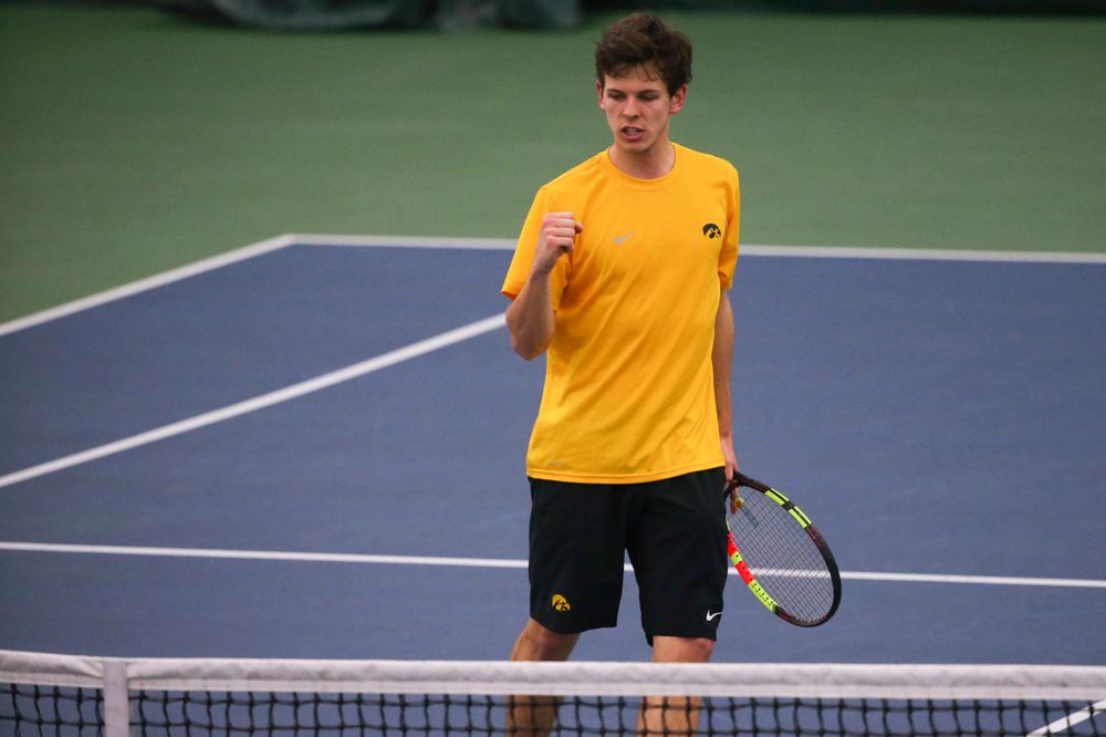 Iowa's Joe Tyler at a tennis match vs Drake Friday, March 8, 2019 at the Hawkeye Tennis and Recreation Complex. (Lily Smith/hawkeyesports.com)