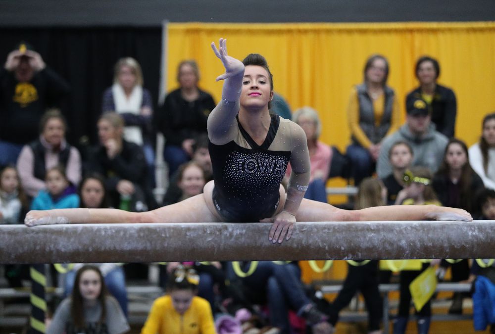 Madison Kampschroeder competes on the beam during the Black and Gold intrasquad meet Saturday, December 1, 2018 at the University of Iowa Field House. (Brian Ray/hawkeyesports.com)