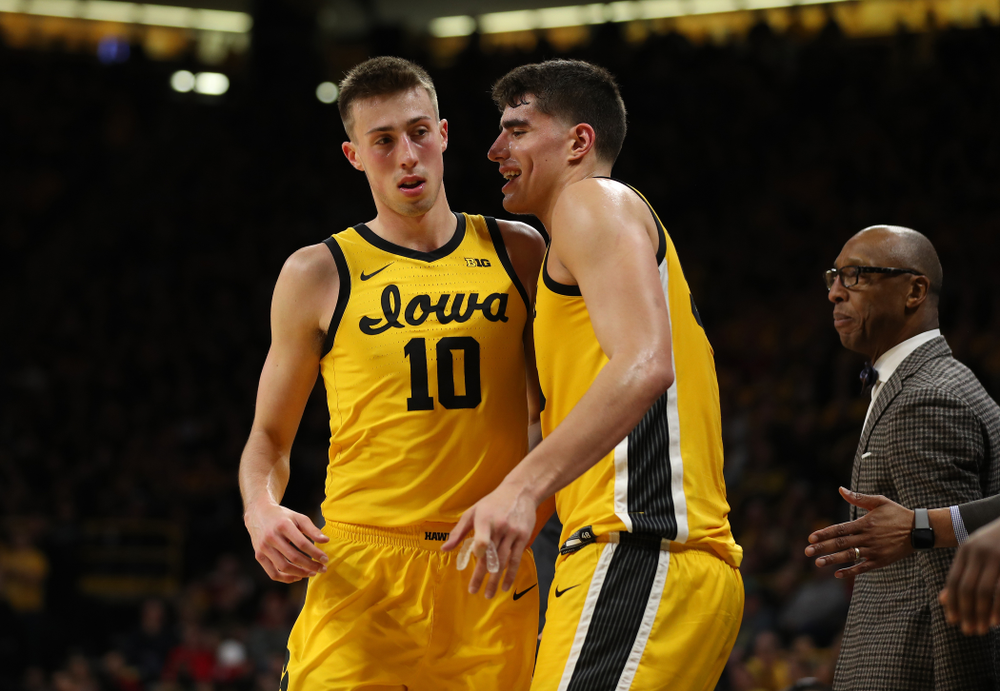 Iowa Hawkeyes guard Joe Wieskamp (10) and forward Luka Garza (55) against the Nebraska Cornhuskers Saturday, February 8, 2020 at Carver-Hawkeye Arena. (Brian Ray/hawkeyesports.com)