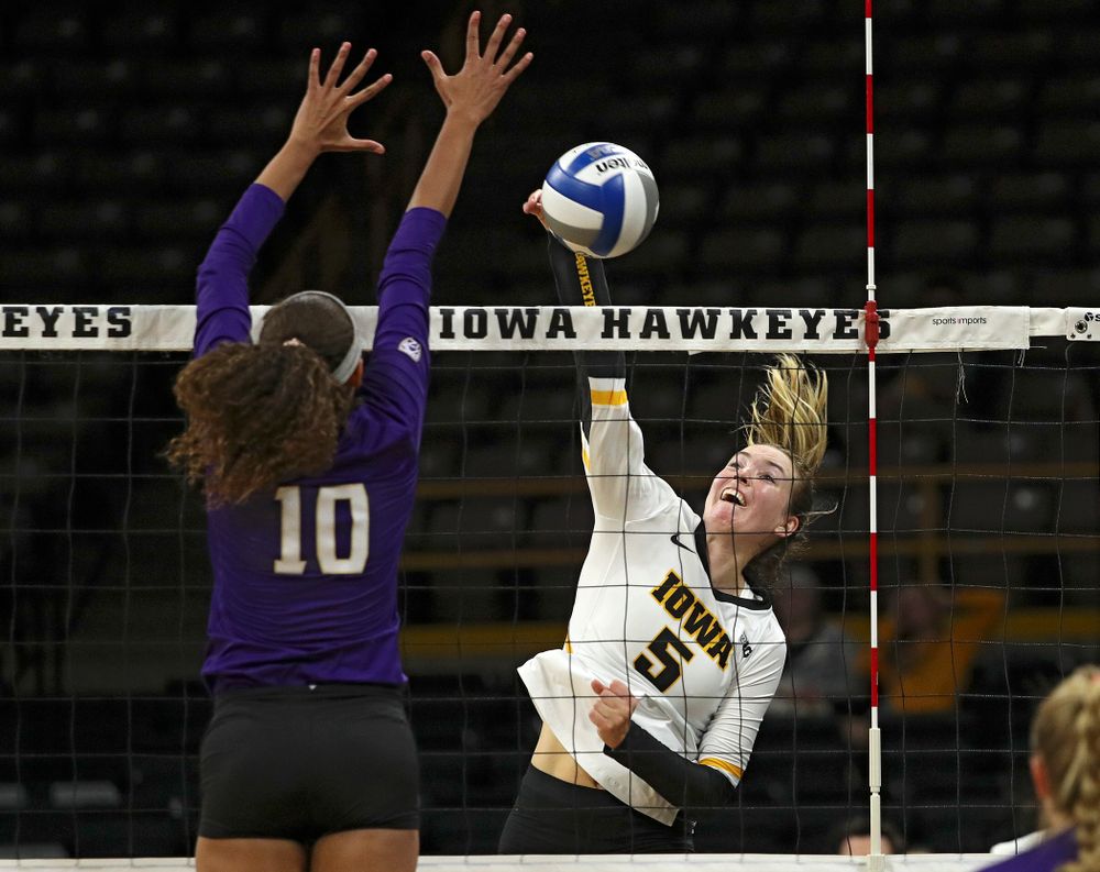 Iowa’s Meghan Buzzerio (5) goes up for a kill during their Big Ten/Pac-12 Challenge match at Carver-Hawkeye Arena in Iowa City on Saturday, Sep 7, 2019. (Stephen Mally/hawkeyesports.com)