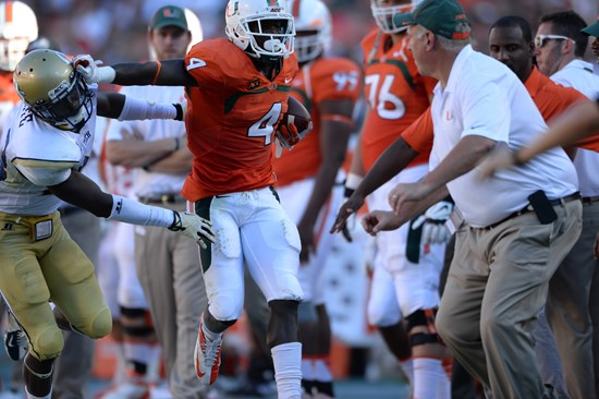 University of Miami Hurricanes wide receiver Phillip Dorsett #4 plays in a game against the Georgia Tech Yellow Jackets at Sun Life Stadium on October...