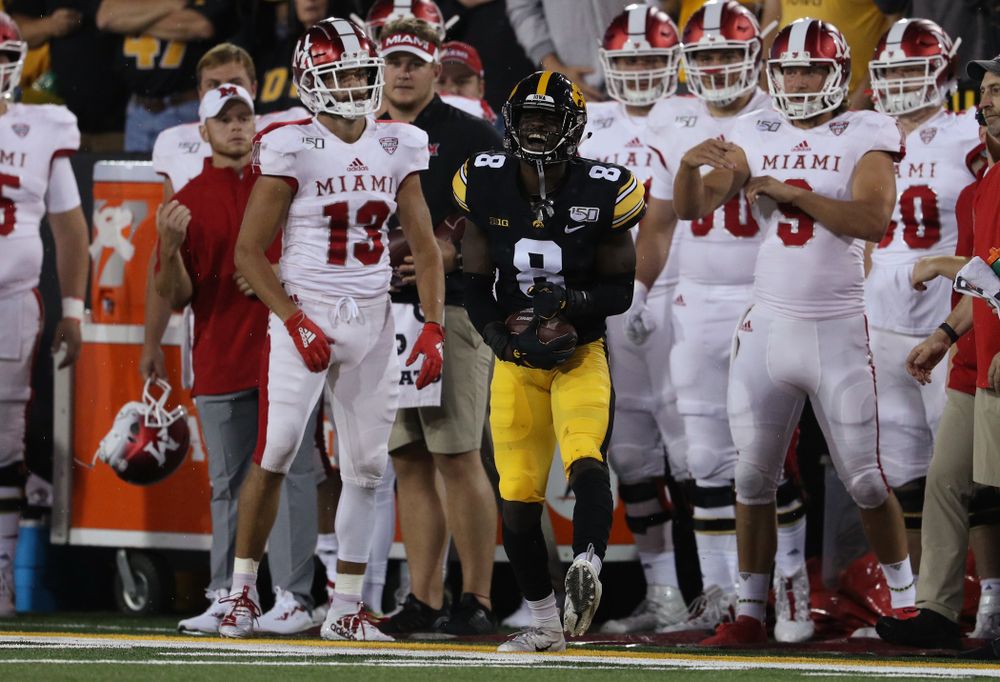 Iowa Hawkeyes defensive back Matt Hankins (8) breaks up a pass against the Miami RedHawks Saturday, August 31, 2019 at Kinnick Stadium in Iowa City. (Brian Ray/hawkeyesports.com)