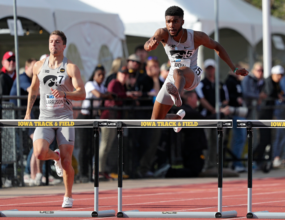 Iowa's Raymonte Dow runs the men’s 400 meter hurdles event on the first day of the Big Ten Outdoor Track and Field Championships at Francis X. Cretzmeyer Track in Iowa City on Friday, May. 10, 2019. (Stephen Mally/hawkeyesports.com)
