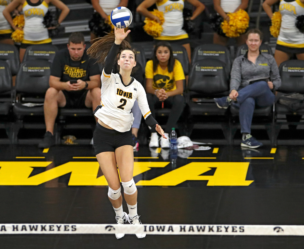 Iowa’s Courtney Buzzerio (2) serves the ball during the second set of their Big Ten/Pac-12 Challenge match against Colorado at Carver-Hawkeye Arena in Iowa City on Friday, Sep 6, 2019. (Stephen Mally/hawkeyesports.com)