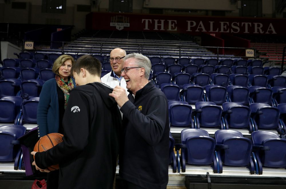 Iowa Hawkeyes head coach Fran McCaffery introduces his son Jack to Bob Weinhauer, his head coach from Penn, before practice at the Palestra Friday, January 3, 2020 in Philadelphia. (Brian Ray/hawkeyesports.com)