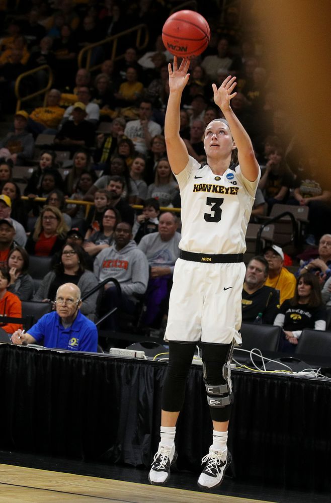 Iowa Hawkeyes guard Makenzie Meyer (3) makes a 3-pointer just before halftime during the first round of the 2019 NCAA Women's Basketball Tournament at Carver Hawkeye Arena in Iowa City on Friday, Mar. 22, 2019. (Stephen Mally for hawkeyesports.com)