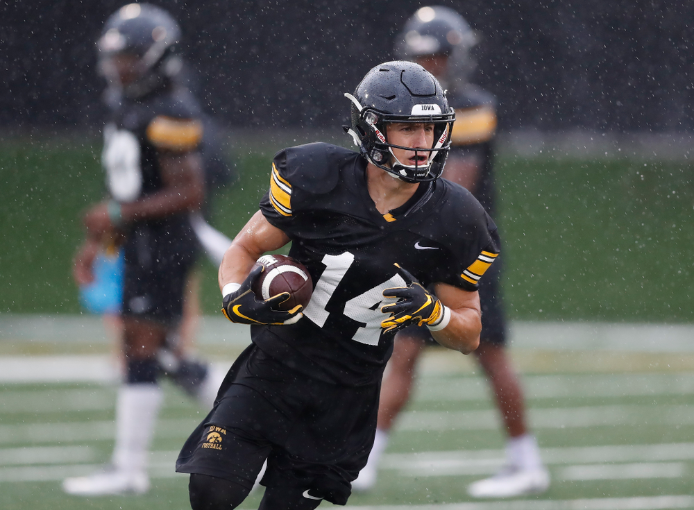 Iowa Hawkeyes wide receiver Kyle Groeneweg (14) during camp practice No. 15 Monday, August 20, 2018 at the Hansen Football Performance Center. (Brian Ray/hawkeyesports.com)