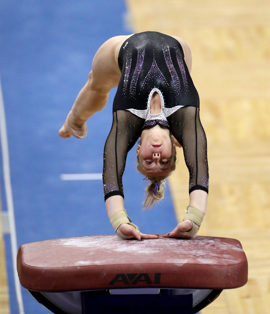 Iowa’s Madelyn Solomon competes on the vault against Michigan State Saturday, February 1, 2020 at Carver-Hawkeye Arena. (Brian Ray/hawkeyesports.com)