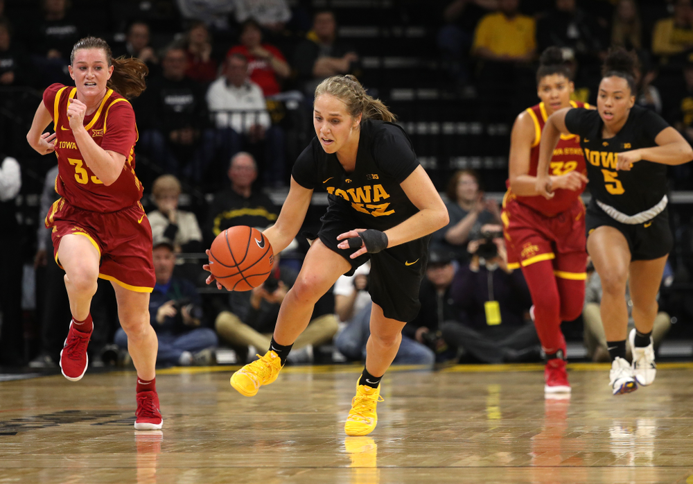 Iowa Hawkeyes guard Kathleen Doyle (22) against the Iowa State Cyclones in the Iowa Corn Cy-Hawk Series Wednesday, December 5, 2018 at Carver-Hawkeye Arena. (Brian Ray/hawkeyesports.com)