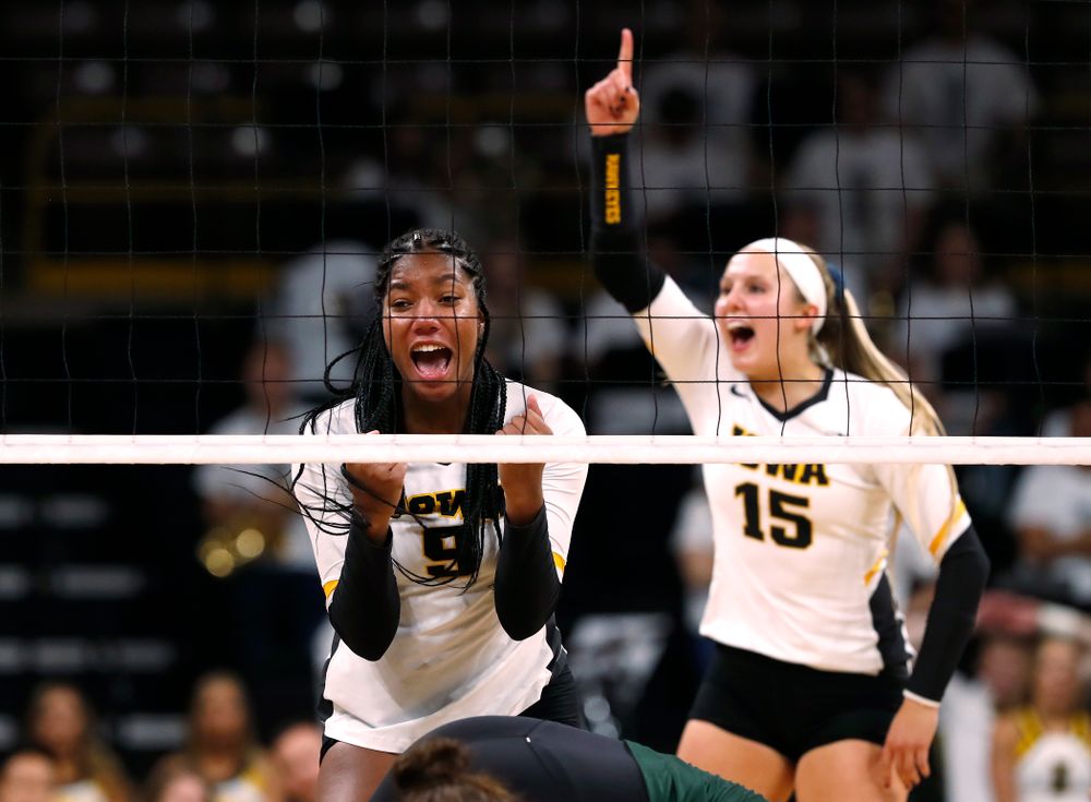 Iowa Hawkeyes middle blocker Amiya Jones (9) against the Michigan State Spartans Friday, September 21, 2018 at Carver-Hawkeye Arena. (Brian Ray/hawkeyesports.com)