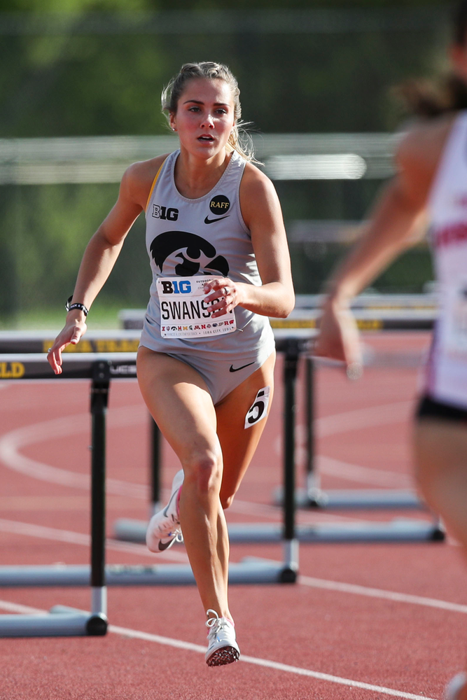 Iowa's Addie Swanson runs during the women's 400-meter hurdles at the Big Ten Outdoor Track and Field Championships at Francis X. Cretzmeyer Track on Friday, May 10, 2019. (Lily Smith/hawkeyesports.com)