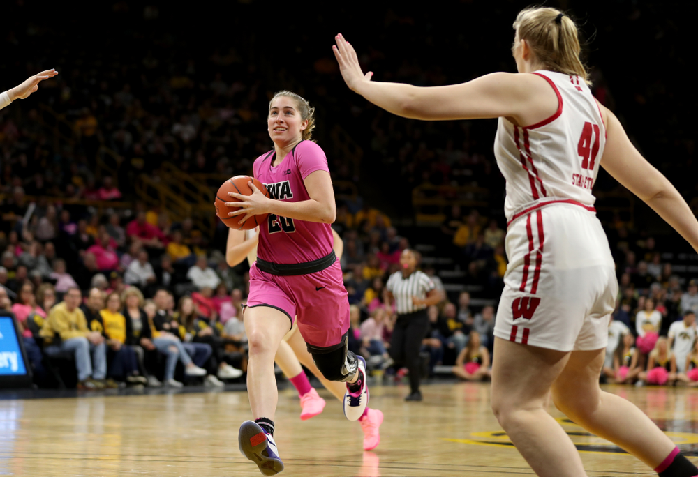 Iowa Hawkeyes guard Kate Martin (20) against the Wisconsin Badgers Sunday, February 16, 2020 at Carver-Hawkeye Arena. (Brian Ray/hawkeyesports.com)