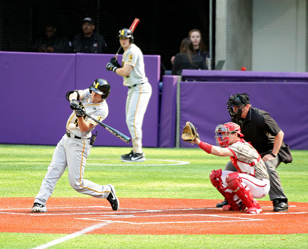 Iowa Hawkeyes outfielder Ben Norman (9) bats during the sixth inning of their CambriaCollegeClassic game at U.S. Bank Stadium in Minneapolis, Minn. on Friday, February 28, 2020. (Stephen Mally/hawkeyesports.com)