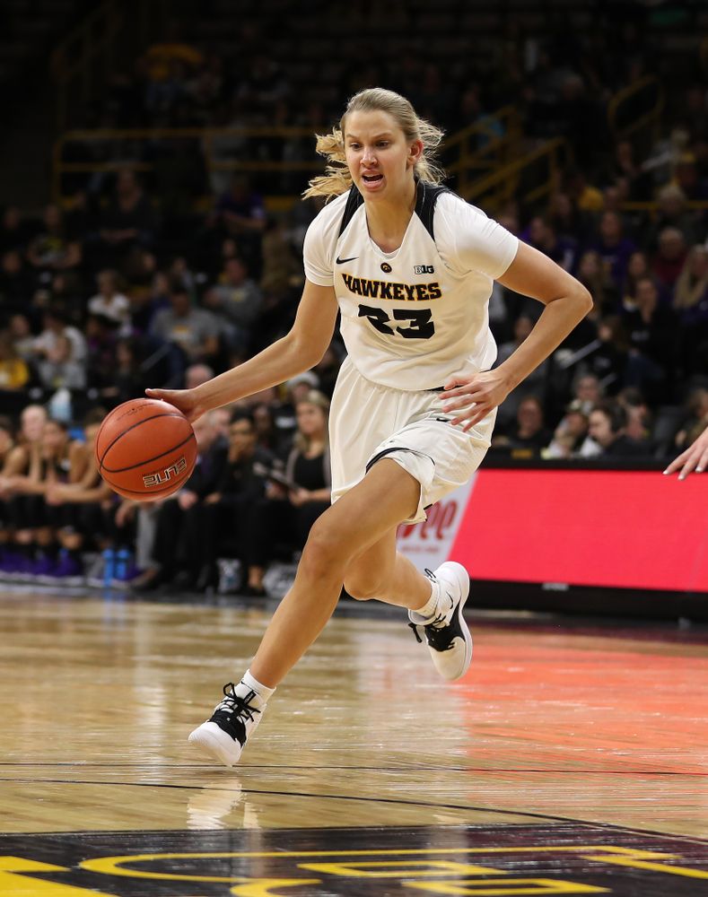 Iowa Hawkeyes forward Logan Cook (23) against the Northern Iowa Panthers in the Hy-Vee Classic Sunday, December 16, 2018 at Carver-Hawkeye Arena. (Brian Ray/hawkeyesports.com)