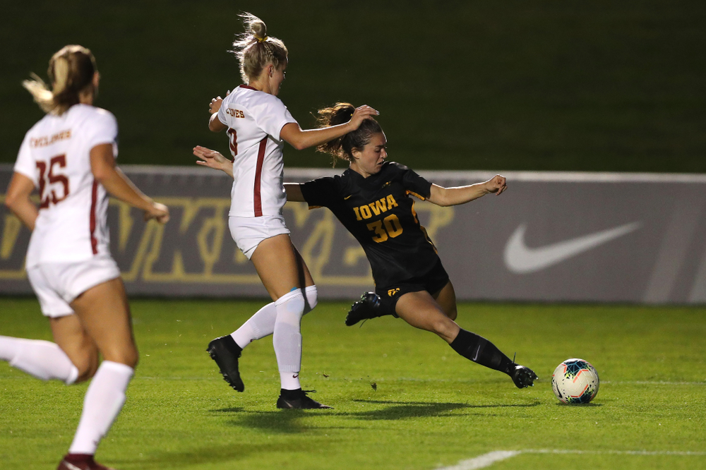 Iowa Hawkeyes forward Devin Burns (30) during a 2-1 victory over the Iowa State Cyclones Thursday, August 29, 2019 in the Iowa Corn Cy-Hawk series at the Iowa Soccer Complex. (Brian Ray/hawkeyesports.com)