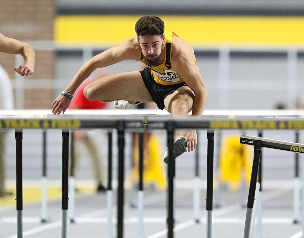 Iowa’s Josh Braverman runs the men’s 60 meter hurdles event during the Hawkeye Invitational at the Recreation Building in Iowa City on Saturday, January 11, 2020. (Stephen Mally/hawkeyesports.com)