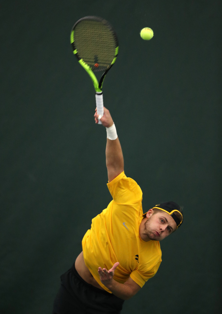 Will Davies against the Butler Bulldogs Sunday, January 27, 2019 at the Hawkeye Tennis and Recreation Complex. (Brian Ray/hawkeyesports.com)