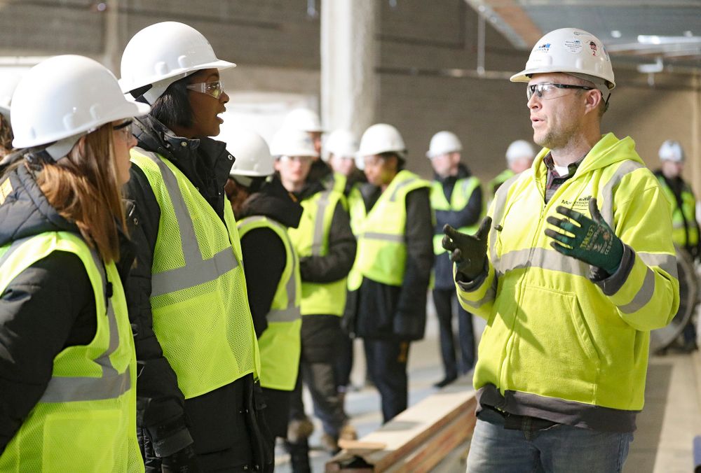 Iowa head coach Vicki Brown asks a question as the Iowa Volleyball team and staff take a construction tour of Xtream Arena in Coralville on Thursday, January 30, 2020. (Stephen Mally/hawkeyesports.com)