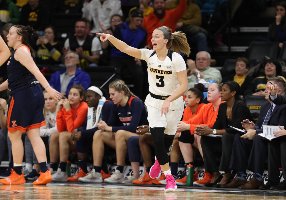 Iowa Hawkeyes guard Makenzie Meyer (3) against the Illinois Fighting Illini Thursday, February 14, 2019 at Carver-Hawkeye Arena. (Brian Ray/hawkeyesports.com)