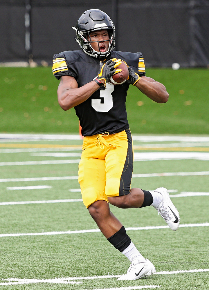 Iowa Hawkeyes wide receiver Tyrone Tracy Jr. (3) pulls in a pass during Fall Camp Practice No. 10 at the Hansen Football Performance Center in Iowa City on Tuesday, Aug 13, 2019. (Stephen Mally/hawkeyesports.com)