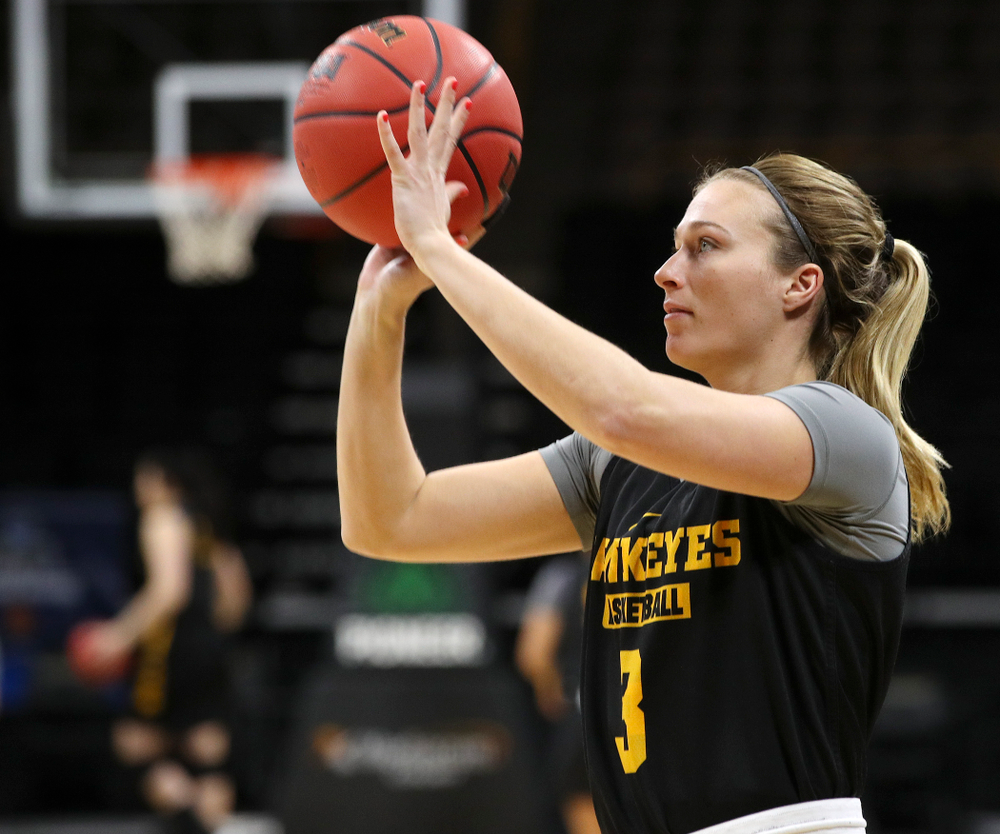 Iowa Hawkeyes guard Makenzie Meyer (3) shoots at a practice during the 2019 NCAA Women's Basketball Tournament at Carver Hawkeye Arena in Iowa City on Saturday, Mar. 23, 2019. (Stephen Mally for hawkeyesports.com)
