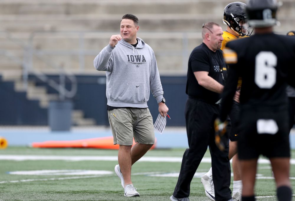 Iowa Hawkeyes offensive coordinator Brian Ferentz smiles during practice Sunday, December 22, 2019 at Mesa College in San Diego. (Brian Ray/hawkeyesports.com)