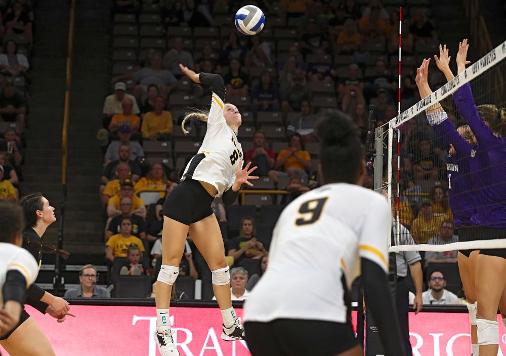 Iowa’s Kyndra Hansen (8) goes up for a shot during their Big Ten/Pac-12 Challenge match at Carver-Hawkeye Arena in Iowa City on Saturday, Sep 7, 2019. (Stephen Mally/hawkeyesports.com)