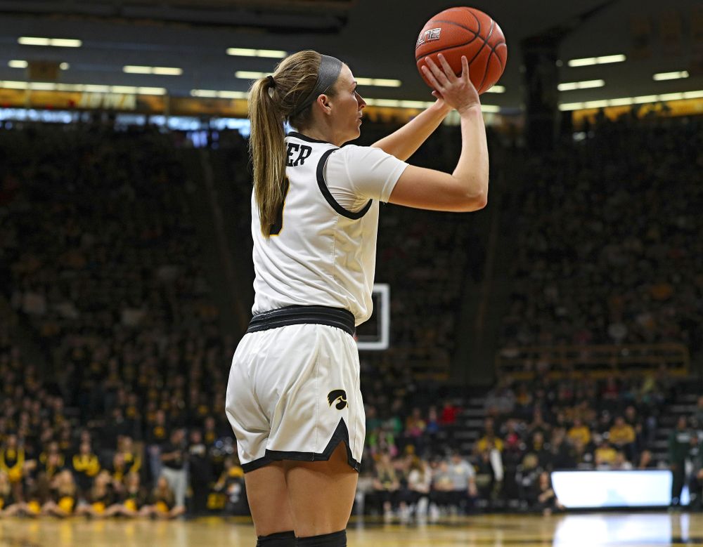 Iowa Hawkeyes guard Makenzie Meyer (3) puts up a 3-point shot during the third quarter of their game at Carver-Hawkeye Arena in Iowa City on Sunday, January 26, 2020. (Stephen Mally/hawkeyesports.com)