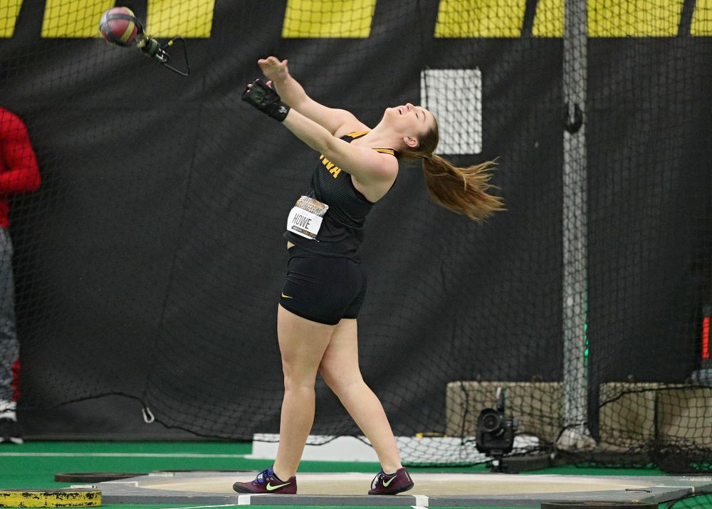 Iowa’s Amanda Howe throws in the women’s weight throw event during the Larry Wieczorek Invitational at the Hawkeye Tennis and Recreation Complex in Iowa City on Friday, January 17, 2020. (Stephen Mally/hawkeyesports.com)