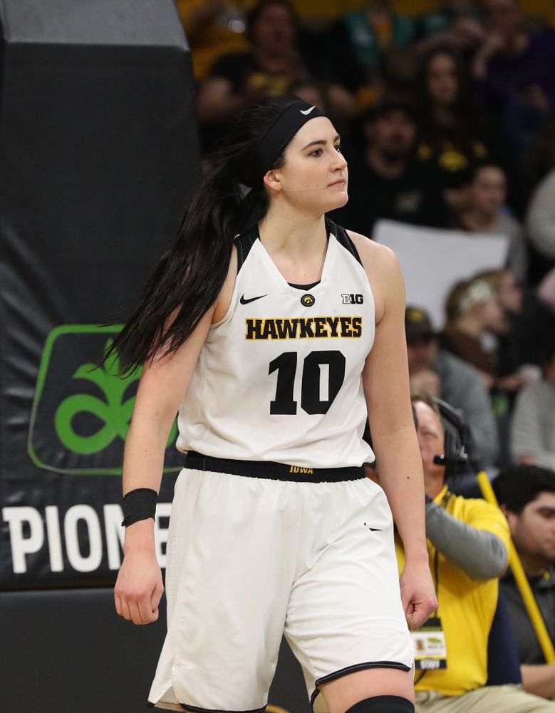 Iowa Hawkeyes forward Megan Gustafson (10 reacts after blocking a shot against the Purdue Boilermakers Sunday, January 27, 2019 at Carver-Hawkeye Arena. (Brian Ray/hawkeyesports.com)