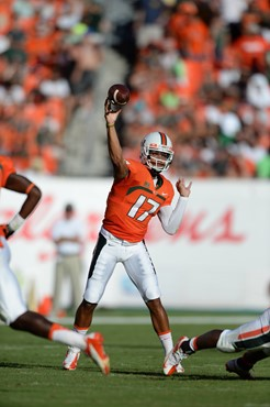 University of Miami Hurricanes quarterback Stephen Morris #17 completed 12 of 25 passes for 162 yards and 2 touchdowns in a game against the Georgia...