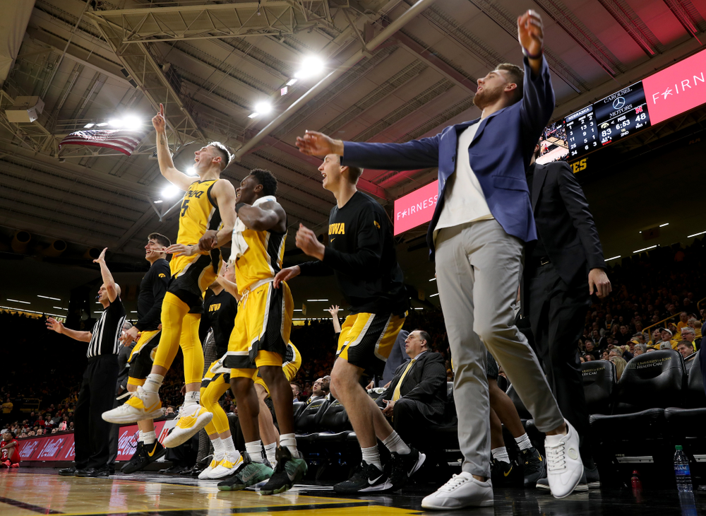 The Iowa Hawkeyes bench celebrates against the Nebraska Cornhuskers Saturday, February 8, 2020 at Carver-Hawkeye Arena. (Brian Ray/hawkeyesports.com)