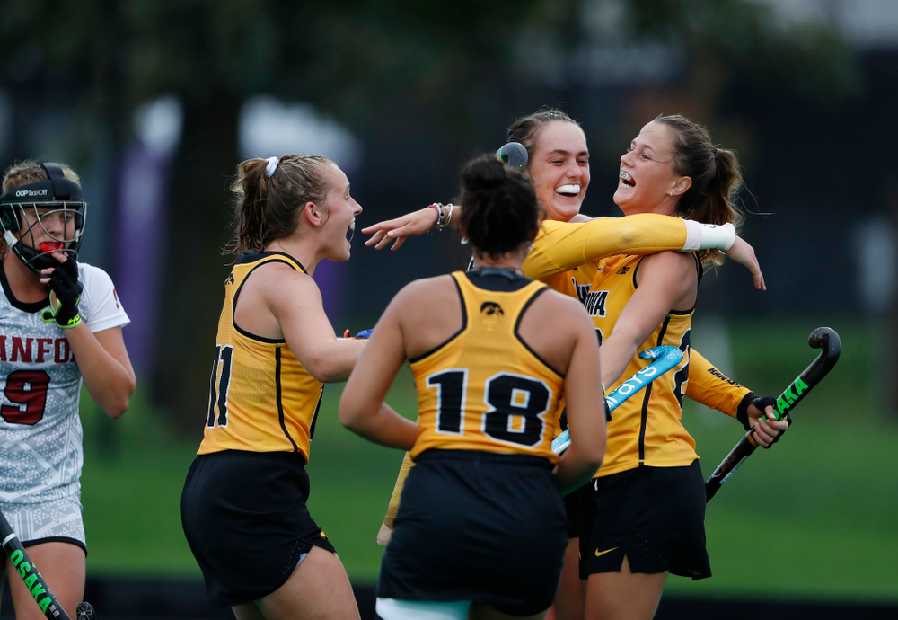 Iowa Hawkeyes Anthe Nijziel (6) and Sophie Sunderland (20) celebrate a goal against Stanford Sunday, October 7, 2018 at Grant Field. (Brian Ray/hawkeyesports.com)