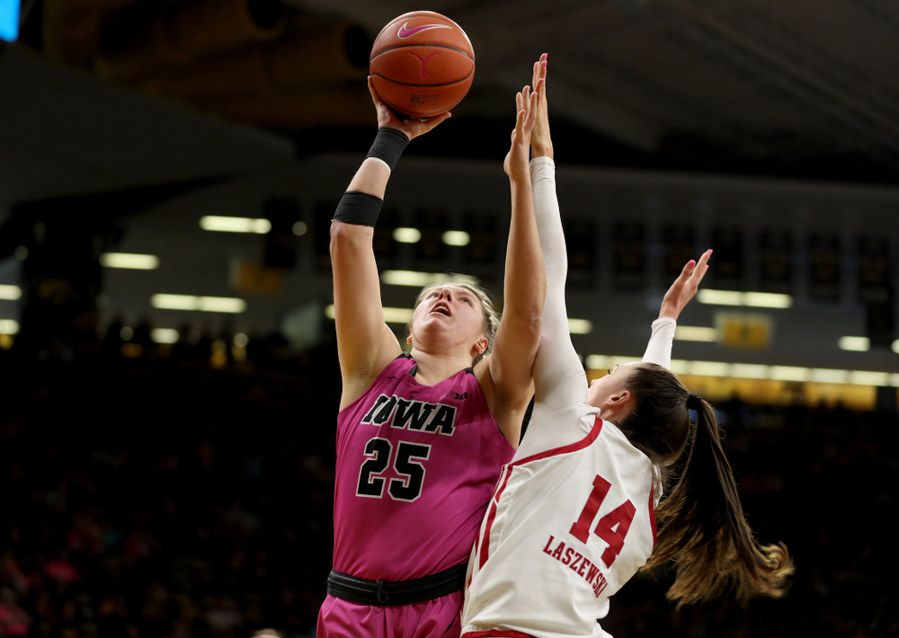 Iowa Hawkeyes forward/center Monika Czinano (25) against the Wisconsin Badgers Sunday, February 16, 2020 at Carver-Hawkeye Arena. (Brian Ray/hawkeyesports.com)