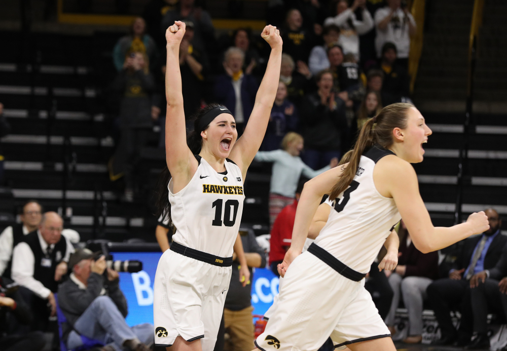 Iowa Hawkeyes forward Megan Gustafson (10) celebrates their victory over the Rutgers Scarlet Knights Wednesday, January 23, 2019 at Carver-Hawkeye Arena. (Brian Ray/hawkeyesports.com)