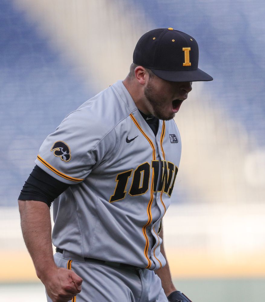 Iowa Hawkeyes Cole McDonald (11) reacts after a strikeout to end an inning against the Indiana Hoosiers in the first round of the Big Ten Baseball Tournament Wednesday, May 22, 2019 at TD Ameritrade Park in Omaha, Neb. (Brian Ray/hawkeyesports.com)