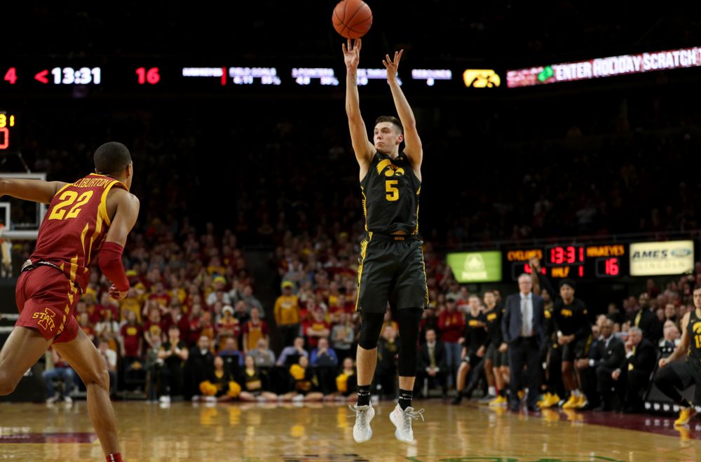 Iowa Hawkeyes guard CJ Fredrick (5) against the Iowa State Cyclones Thursday, December 12, 2019 at Hilton Coliseum in Ames, Iowa(Brian Ray/hawkeyesports.com)