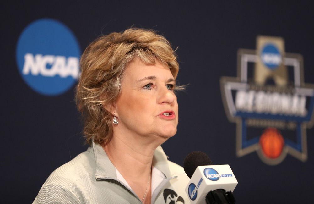 Iowa Hawkeyes head coach Lisa Bluder during media and practice as they prepare for their Sweet 16 matchup against NC State Friday, March 29, 2019 at the Greensboro Coliseum in Greensboro, NC.(Brian Ray/hawkeyesports.com)