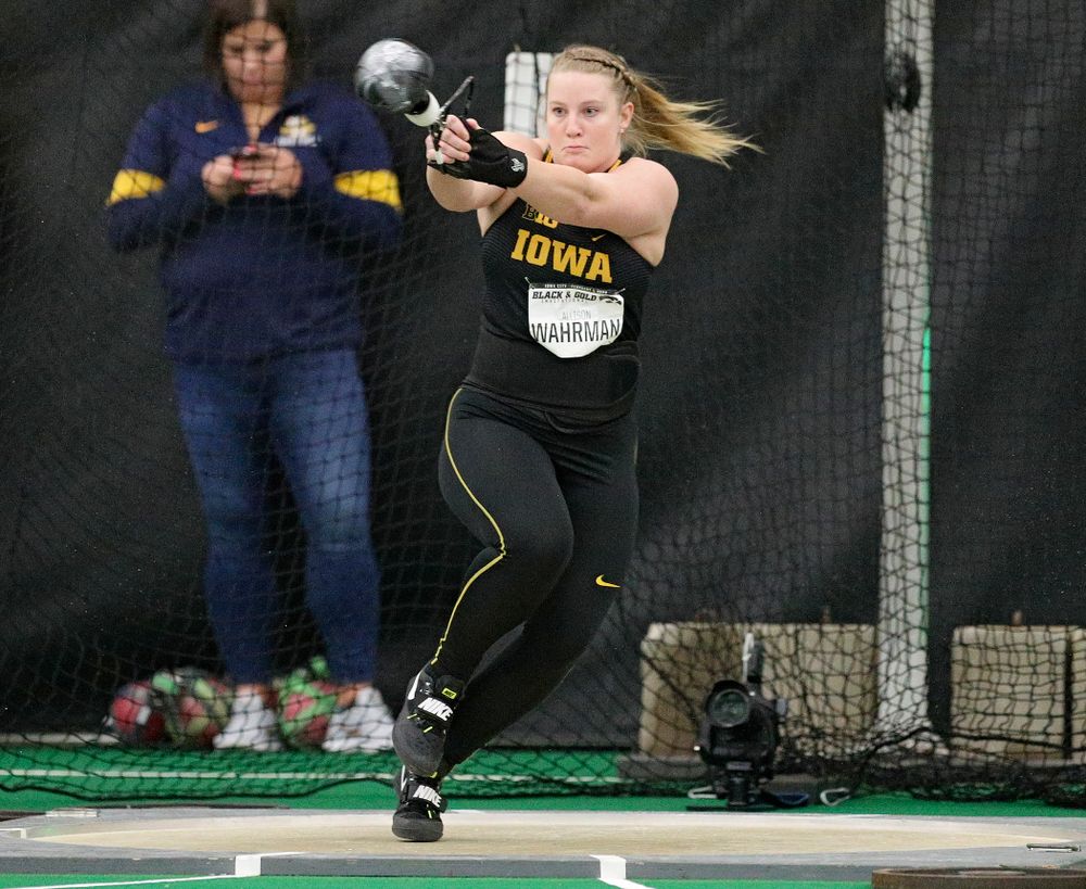 Iowa’s Allison Wahrman throws during the women’s weight throw event at the Hawkeye Tennis and Recreation Complex in Iowa City on Friday, January 31, 2020. (Stephen Mally/hawkeyesports.com)