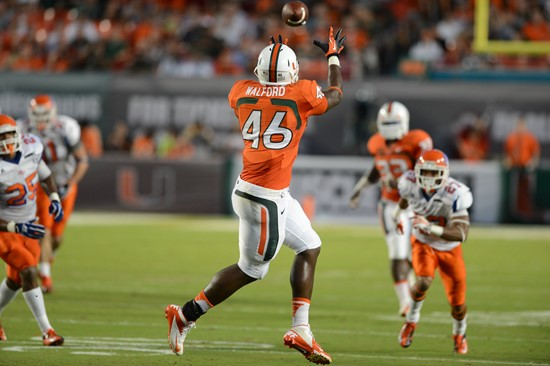 Clive Walford #46 and the 14th ranked University of Miami Hurricanes will play the Georgia Tech Yellow Jackets at Sun Life Stadium on October 5, 2013....