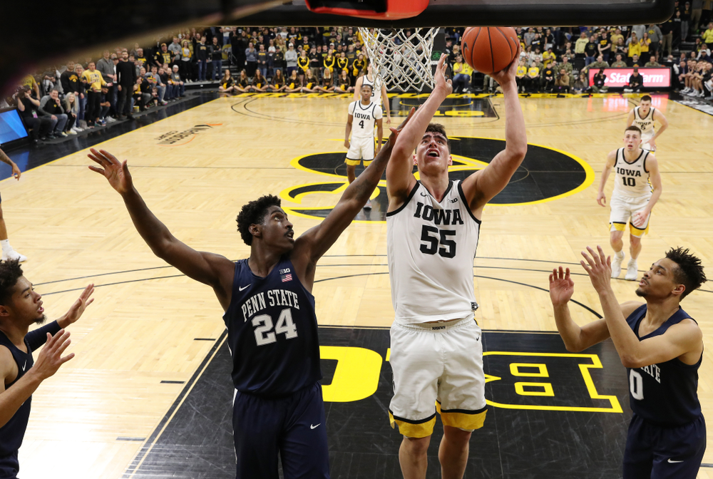 Iowa Hawkeyes forward Luka Garza (55) goes to the hoop against Penn State Saturday, February 29, 2020 at Carver-Hawkeye Arena. (Brian Ray/hawkeyesports.com)
