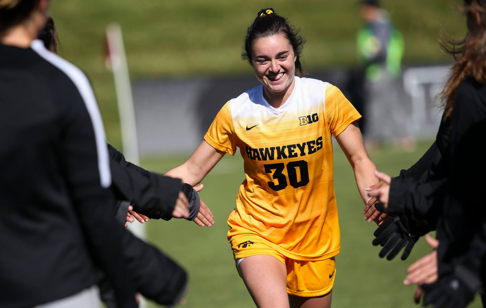 Iowa Hawkeyes forward Devin Burns (30) is introduced before a game against Northwestern at the Iowa Soccer Complex on October 21, 2018. (Tork Mason/hawkeyesports.com)