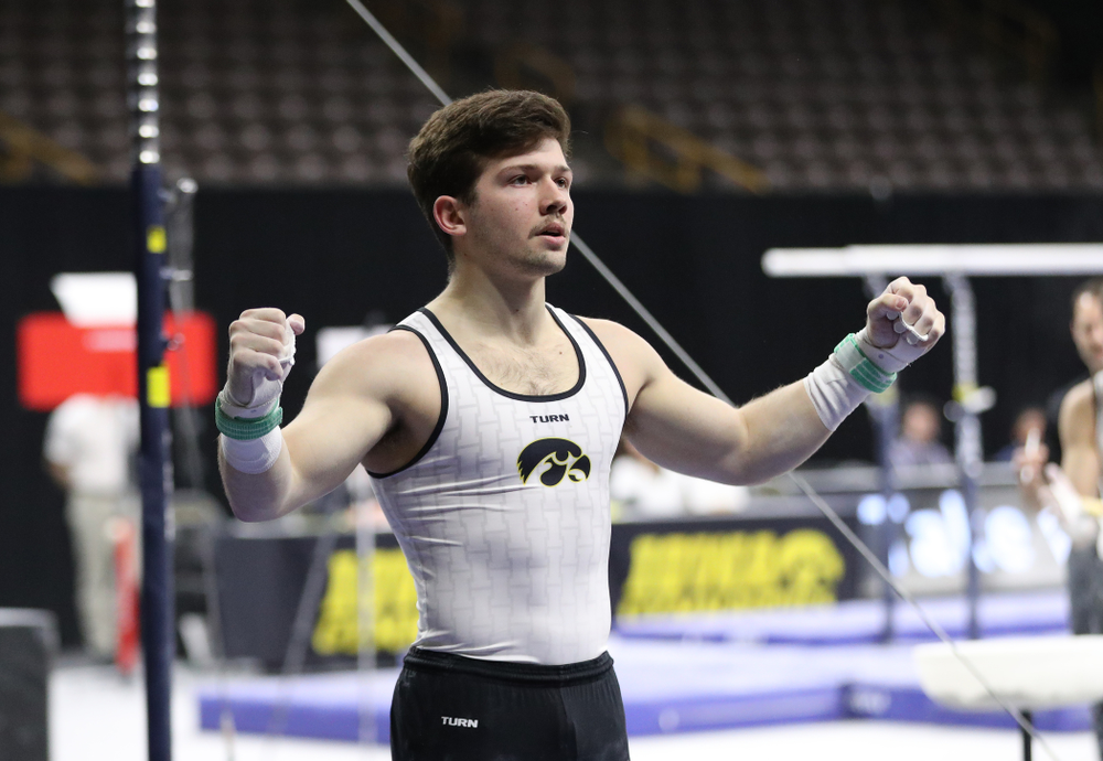 Iowa's Rogelio Vazquez competes on the high bar against UIC and Minnesota Saturday, February 2, 2019 at Carver-Hawkeye Arena. (Brian Ray/hawkeyesports.com)