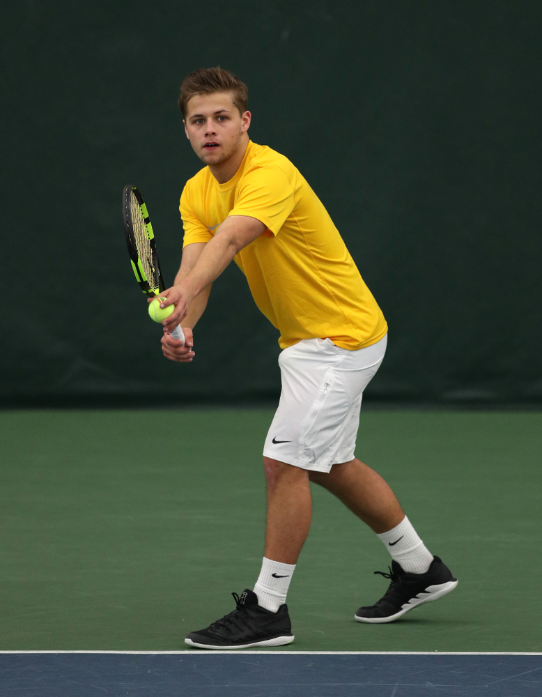 Will Davies against Utah Sunday, February 10, 2019 at the Hawkeye Tennis and Recreation Complex. (Brian Ray/hawkeyesports.com)