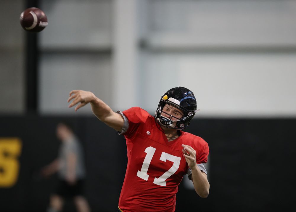 Iowa Hawkeyes quarterback Ryan Schmidt (17) during preparation for the 2019 Outback Bowl Monday, December 17, 2018 at the Hansen Football Performance Center. (Brian Ray/hawkeyesports.com)