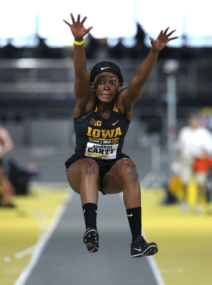 Iowa's Amanda Carty competes in the long jump during the Black and Gold Premier meet Saturday, January 26, 2019 at the Recreation Building. (Brian Ray/hawkeyesports.com)