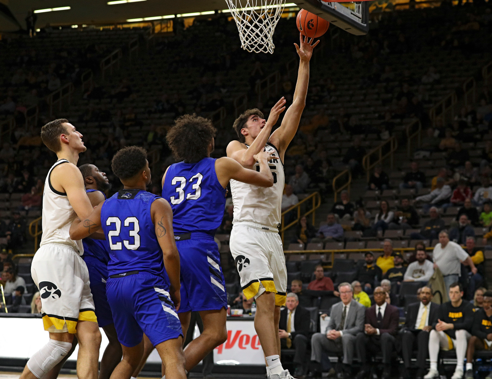 Iowa Hawkeyes center Luka Garza (55) makes a basket during the second half of their exhibition game against Lindsey Wilson College at Carver-Hawkeye Arena in Iowa City on Monday, Nov 4, 2019. (Stephen Mally/hawkeyesports.com)