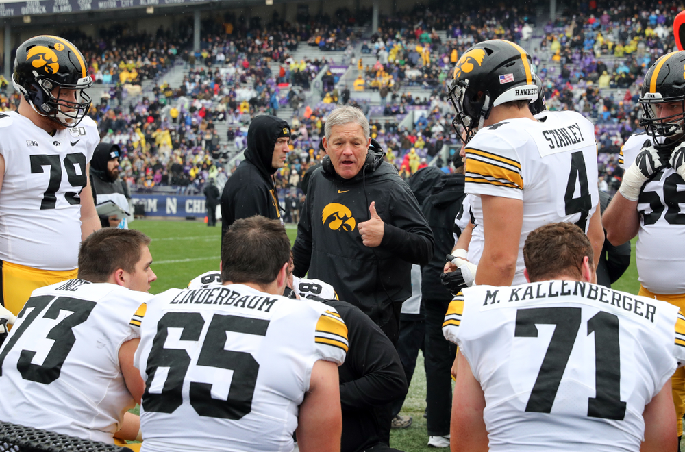 Iowa Hawkeyes head coach Kirk Ferentz against the Northwestern Wildcats Saturday, October 26, 2019 at Ryan Field in Evanston, Ill. (Brian Ray/hawkeyesports.com)