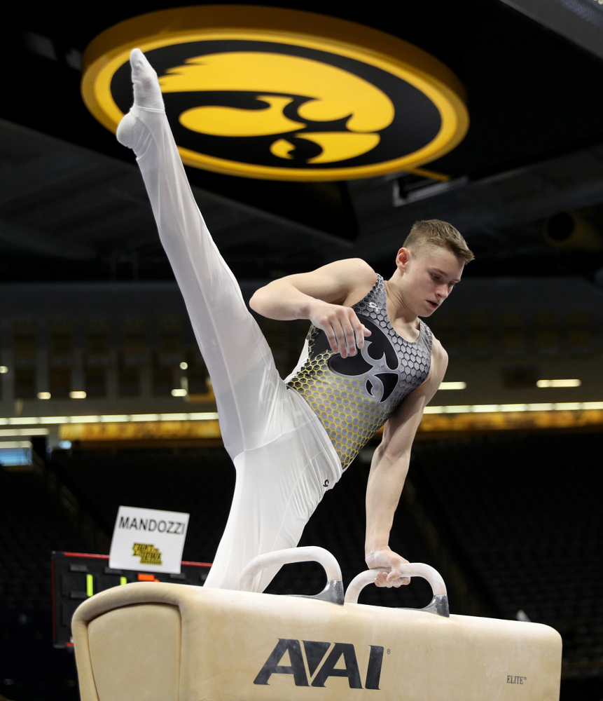 Iowa’s Carter Tope competes on the Pommel Horse against UIC and Minnesota Saturday, February 1, 2020 at Carver-Hawkeye Arena. (Brian Ray/hawkeyesports.com)